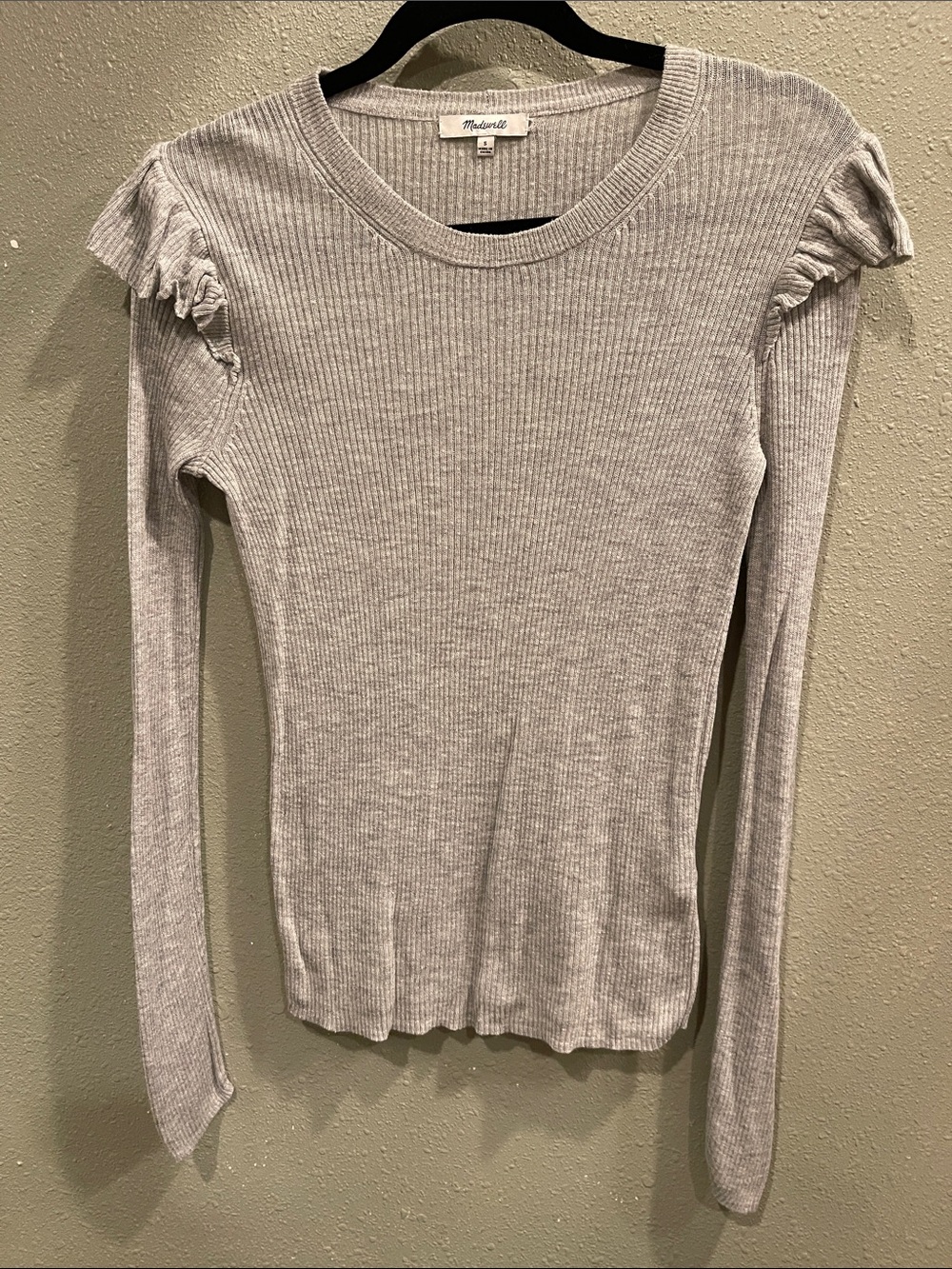 Madewell Heather Gray Ribbed Long-Sleeve Top with Shoulder Ruffles